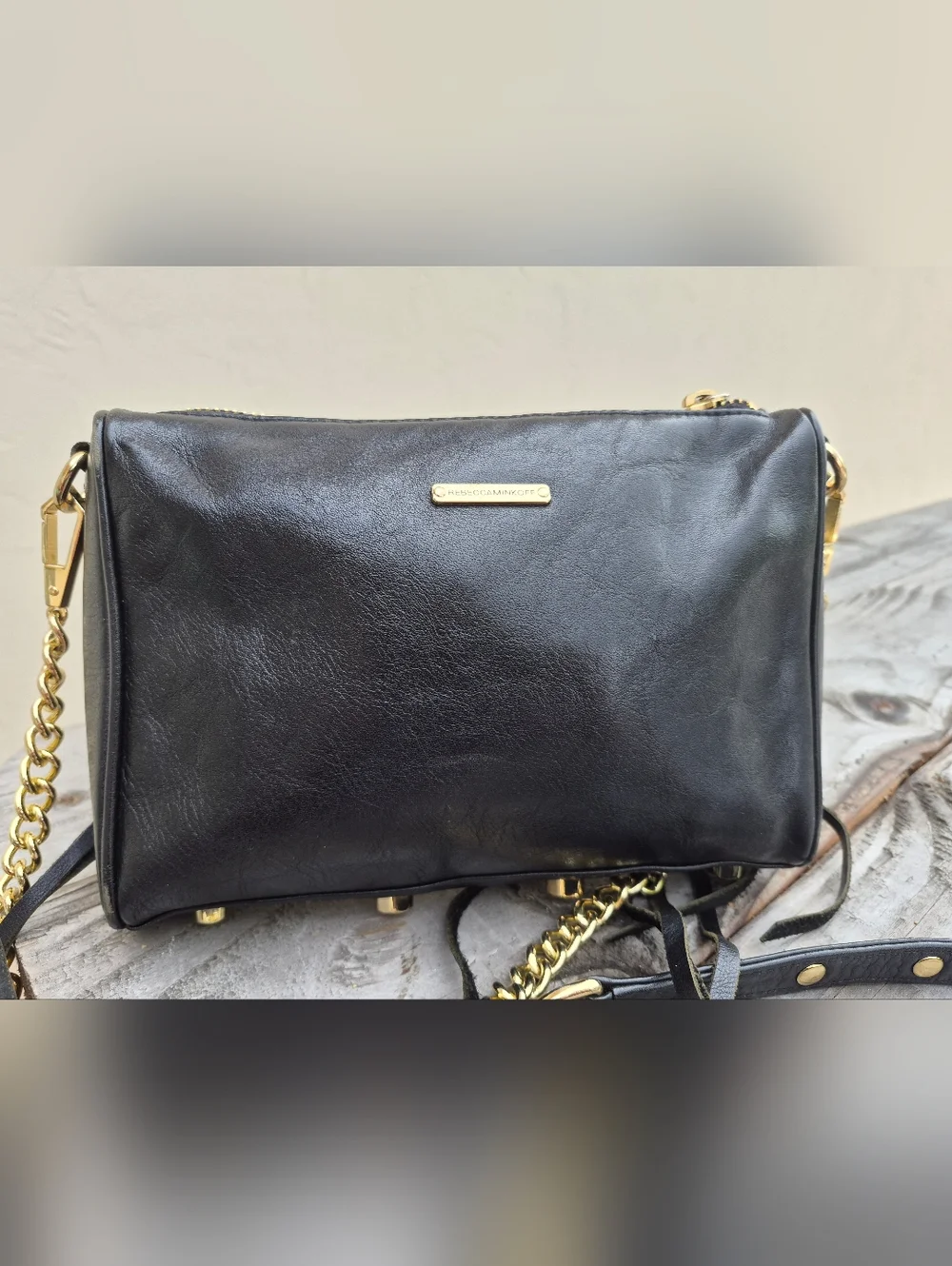 Rebecca Minkoff Black Leather Studded Crossbody Bag with Gold Zippers - Picture 7 of 16